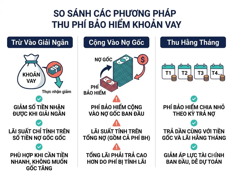 Bảng so sánh 3 cách thu phí bảo hiểm khoản vay và mức lãi suất tương đương