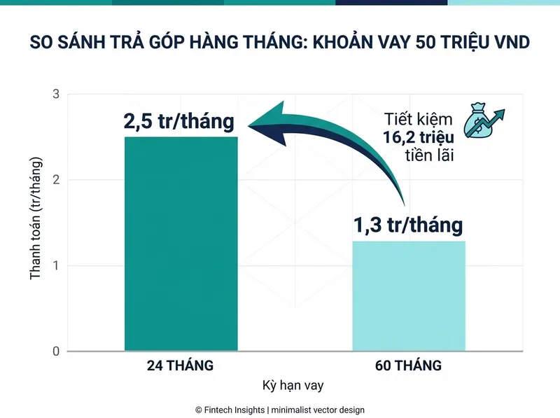Biểu đồ so sánh số tiền trả hàng tháng và tổng lãi theo kỳ hạn vay