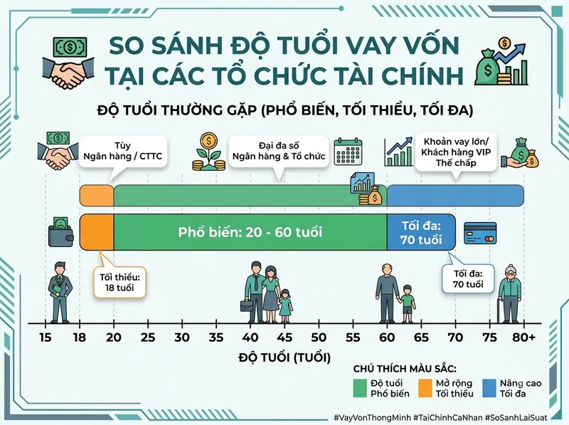 Bảng so sánh độ tuổi vay tín chấp tối thiểu và tối đa tại các tổ chức tín dụng