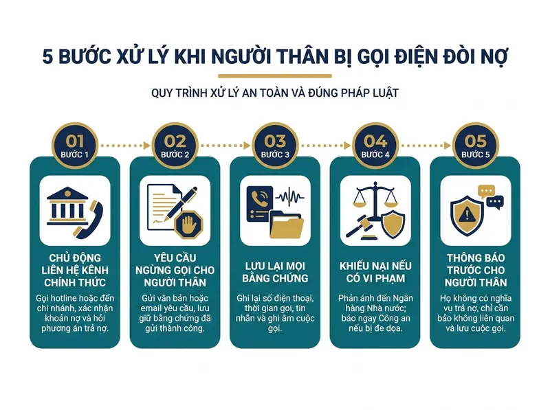 Sơ đồ 5 bước xử lý khi bị bên cho vay gọi điện đòi nợ người thân và đồng nghiệp