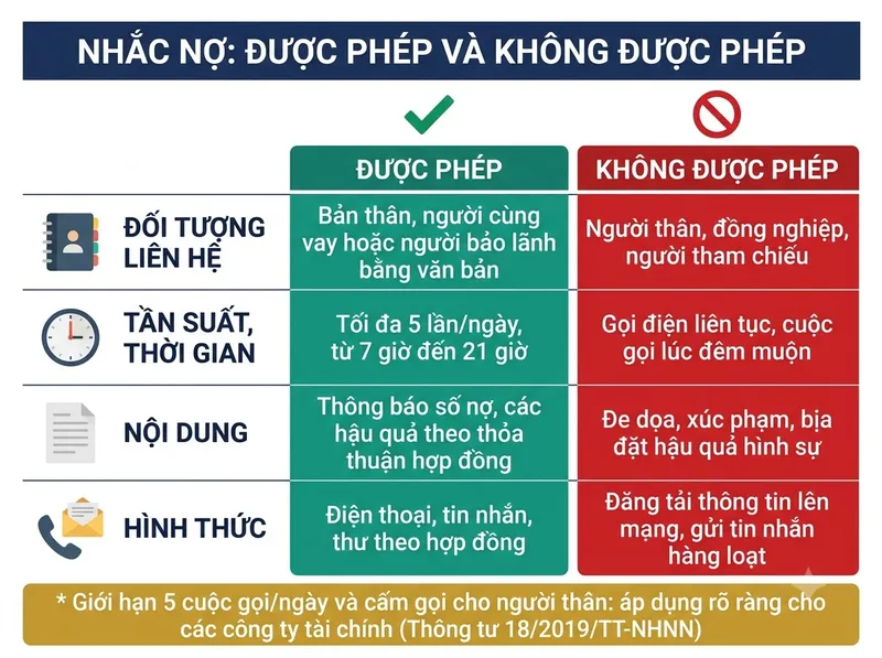 Infographic phân biệt hành vi nhắc nợ được phép và bị cấm theo Thông tư 18/2019/TT-NHNN