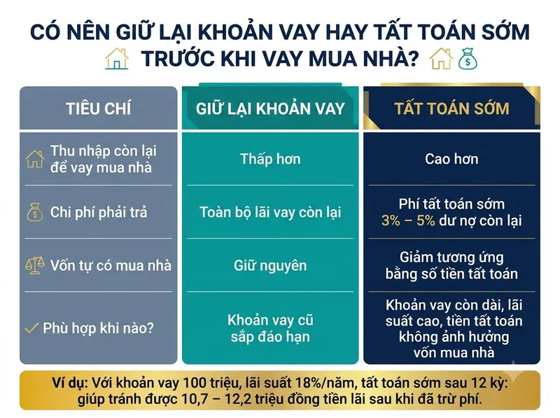 Bảng so sánh giữa việc giữ khoản vay tín chấp và tất toán trước khi nộp hồ sơ vay mua nhà