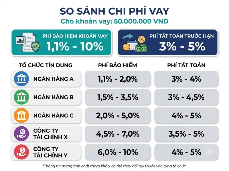 So sánh phí bảo hiểm khoản vay và phí tất toán trước hạn giữa các ngân hàng và công ty tài chính
