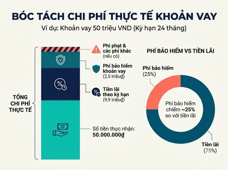 Cơ cấu tổng chi phí thực tế của khoản vay tín chấp bao gồm lãi suất, bảo hiểm và các loại phí