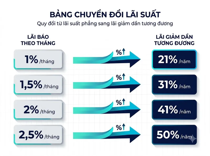 Bảng quy đổi lãi suất tháng sang lãi suất năm theo dư nợ giảm dần qua các kỳ hạn 12, 24, 36 tháng