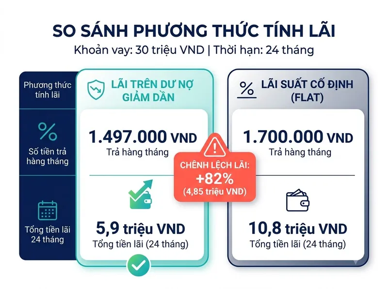 So sánh số tiền trả hàng tháng và tổng lãi giữa dư nợ gốc và dư nợ giảm dần khoản 30 triệu