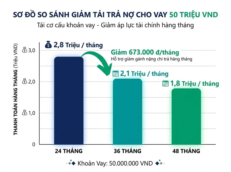 Bảng so sánh tiền trả hàng tháng khi cơ cấu giãn kỳ hạn khoản vay 50 triệu