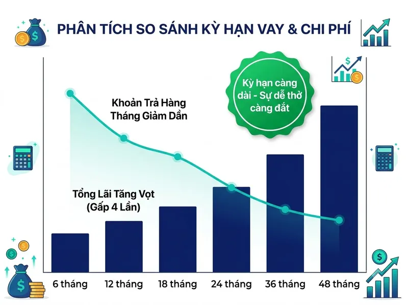 Biểu đồ tương quan giữa tiền trả hàng tháng và tổng lãi suất qua các kỳ hạn