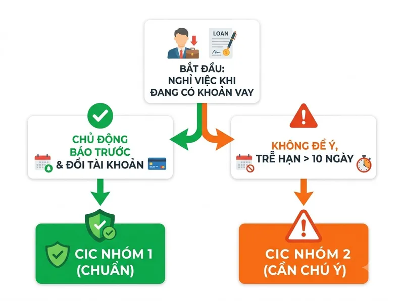 So sánh tình trạng CIC và chi phí phát sinh giữa đổi việc chủ động và để khoản vay bị trễ hạn