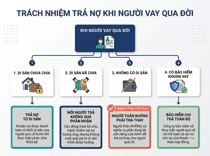 Sơ đồ xác định trách nhiệm trả nợ và phạm vi thực hiện nghĩa vụ khi người vay qua đời