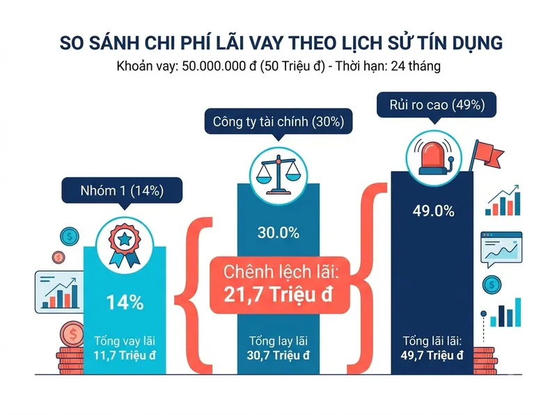 Cùng khoản vay 50 triệu, tiền lãi có thể chênh lệch hơn 21 triệu đồng tùy theo nhóm nợ