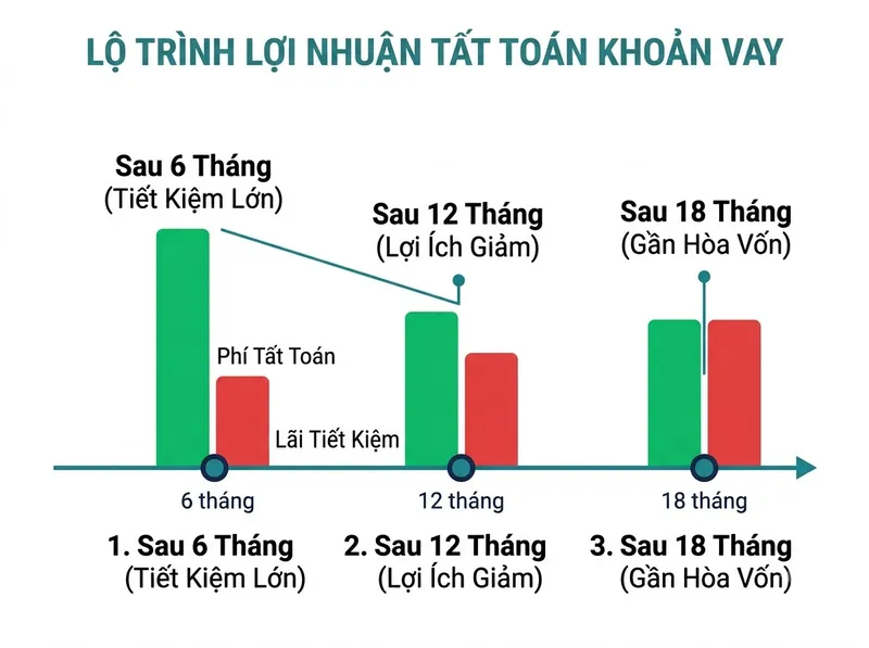 Biểu đồ so sánh tiền lãi tránh được và phí tất toán qua các mốc 6, 12 và 18 tháng