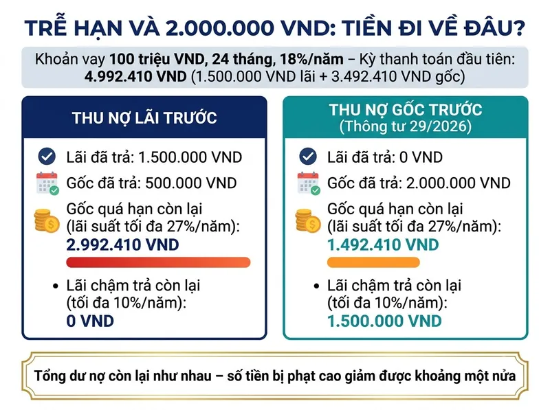 Bảng so sánh số tiền phạt và phân bổ nợ khi thu gốc trước so với thu lãi trước