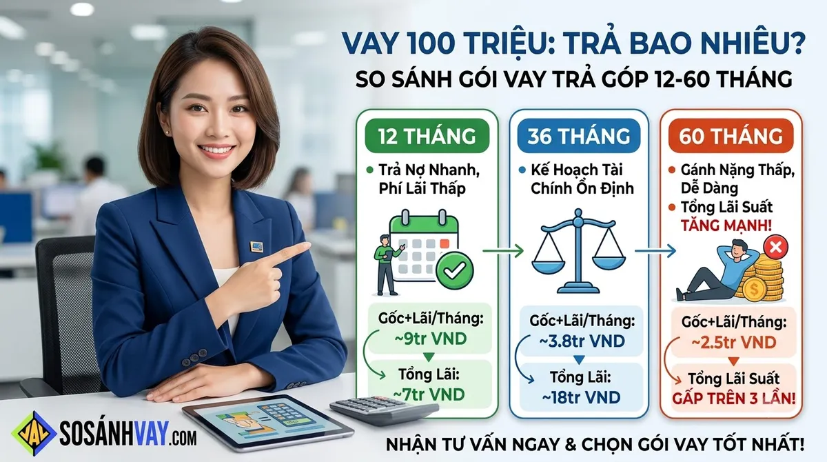 Bảng tính vay 100 triệu trả góp 12 đến 60 tháng: mỗi tháng trả bao nhiêu, tổng lãi bao nhiêu