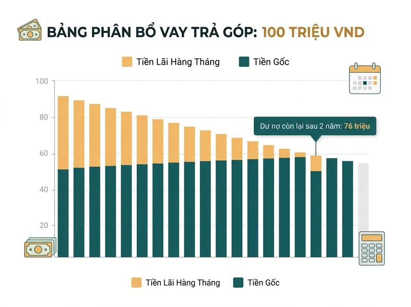 Cơ cấu trả gốc và lãi theo thời gian của khoản vay 100 triệu kỳ hạn 60 tháng