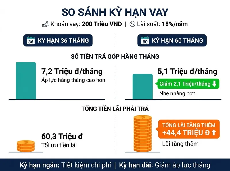 Đánh đổi giữa kỳ hạn 36 tháng và 60 tháng khi vay 200 triệu: Giảm áp lực trả tháng nhưng tăng tổng lãi