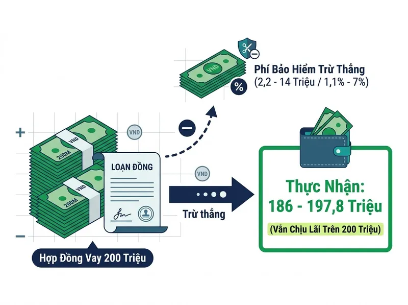 Bảng quy đổi phí bảo hiểm khoản vay 200 triệu từ 1,1% đến 7% trừ vào tiền thực nhận