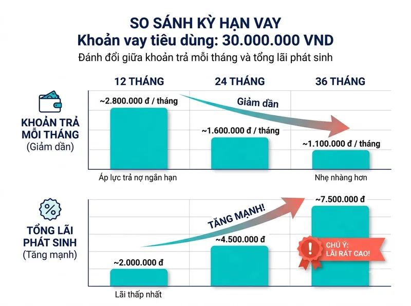 So sánh tổng lãi và số tiền trả hàng tháng khi vay 30 triệu theo kỳ hạn 12, 24, 36 tháng