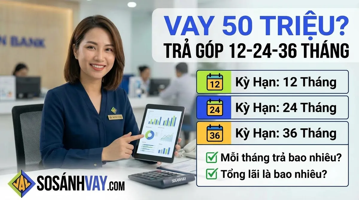 Bảng tính vay 50 triệu trả góp 12, 24, 36 tháng mỗi tháng trả bao nhiêu