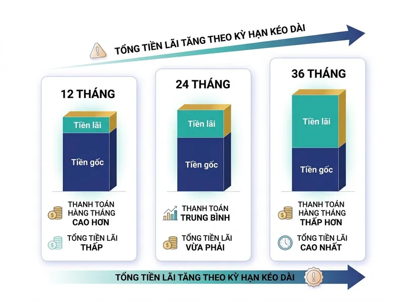 So sánh khoản trả hàng tháng và tổng lãi vay 50 triệu theo kỳ hạn