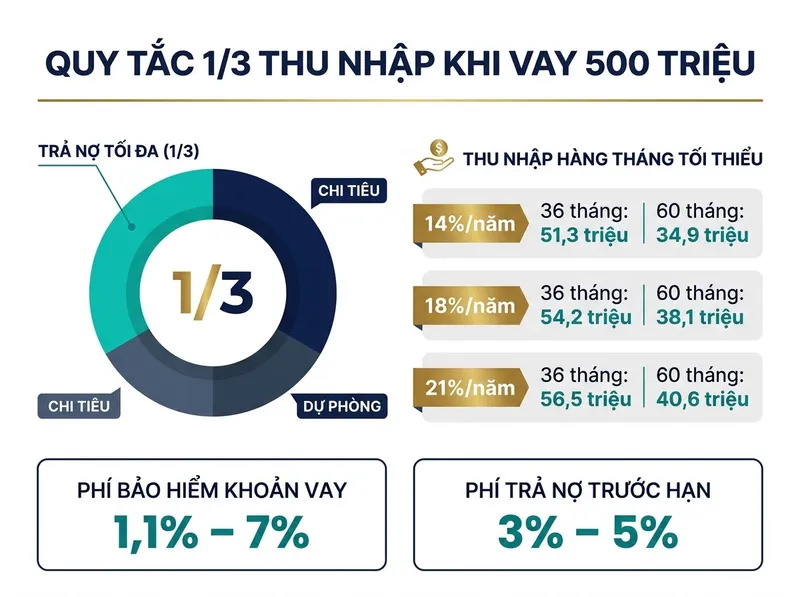 Infographic quy tắc 1/3 thu nhập và các chi phí cần lưu ý khi vay tín chấp 500 triệu