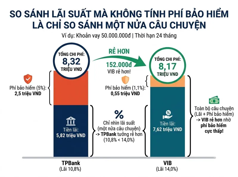 So sánh tổng chi phí khoản vay 50 triệu 24 tháng giữa TPBank và VIB khi cộng phí bảo hiểm khoản vay