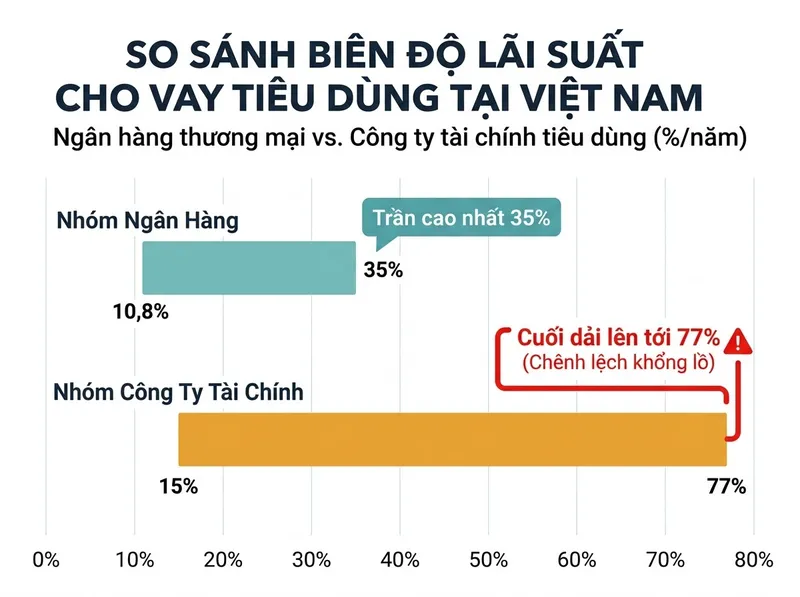 Biểu đồ so sánh dải lãi suất vay tín chấp giữa ngân hàng từ 10,8% đến 35% và công ty tài chính từ 15% đến 77%